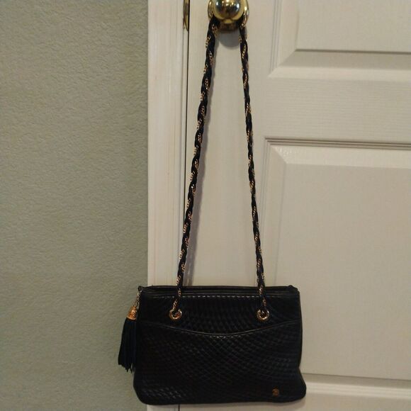 Bally Quilted Black Leather Gold Chain Strap Tassle Tote Purse Shoulder Bag Vtg - Picture 2 of 14